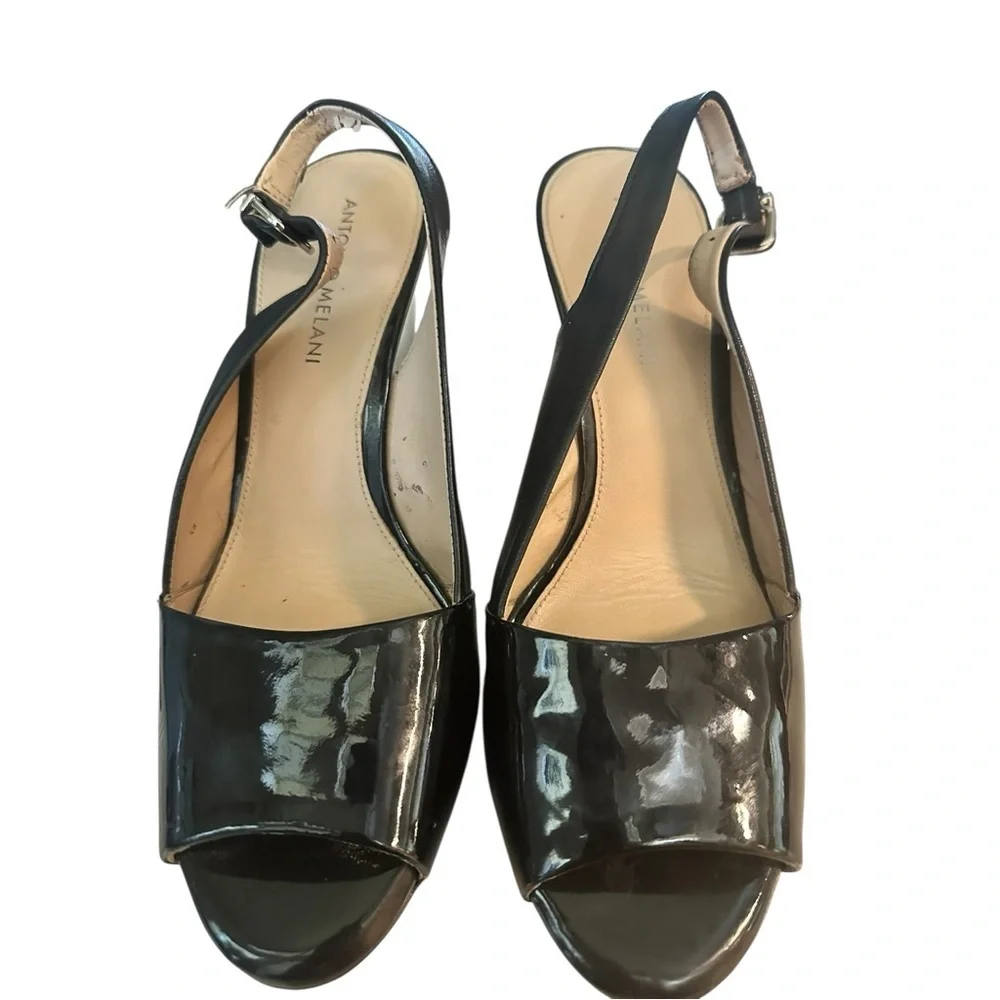 Antonio Melani Black Patent Leather Slingback Wedge Heels Size 9 Peep Toe